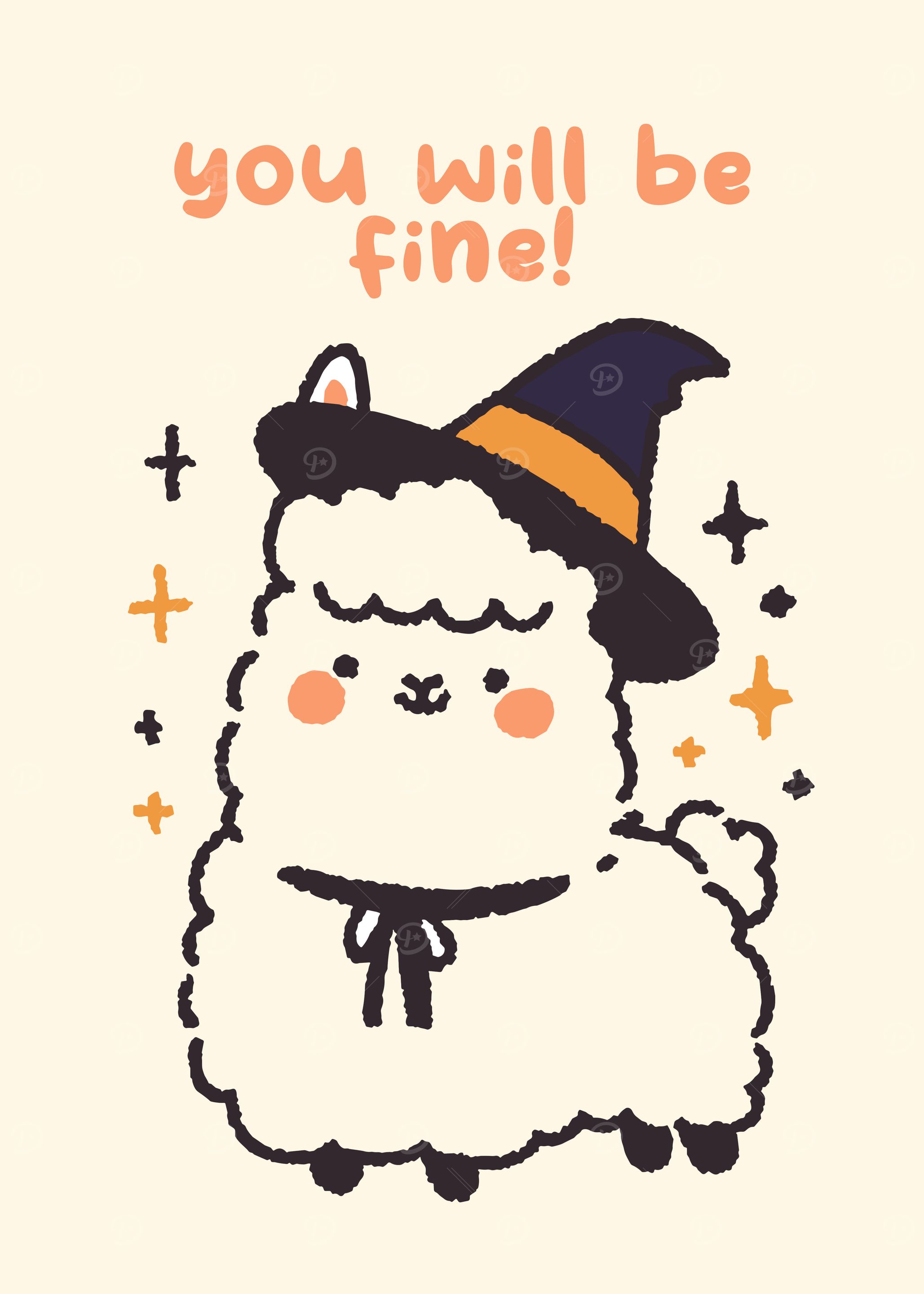 Cute Alpaca with Witch Hat Illustration
