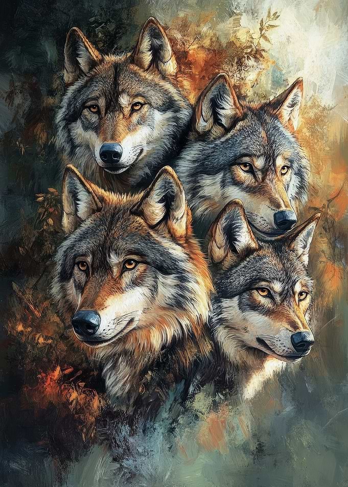 Four Wolves Portrait Painting