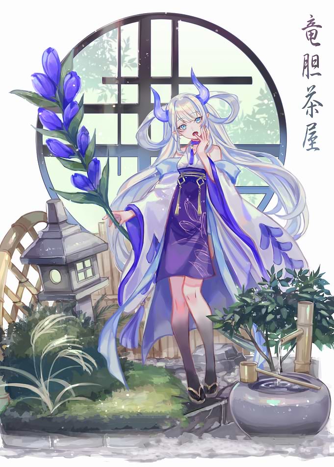 Anime Girl with Horns in Garden