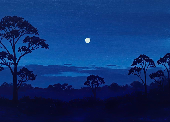 Blue Night Landscape with Moon
