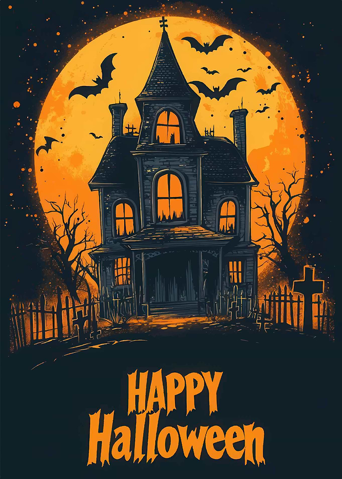 Halloween Haunted House with Full Moon