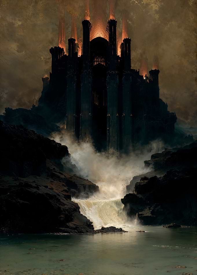 Dark Castle Waterfall Fantasy Landscape