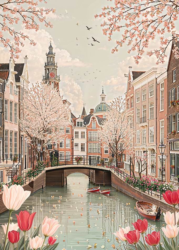 Amsterdam Canal in Spring with Tulips