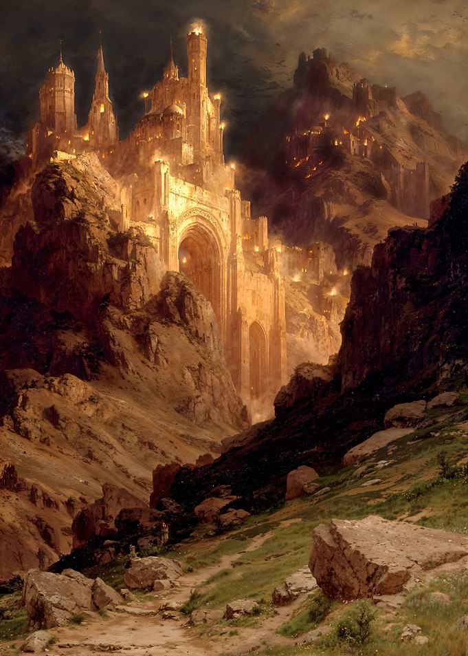 Mountain Fortress with Glowing Lights