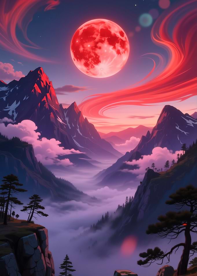 Red Moon Over Mountain Landscape
