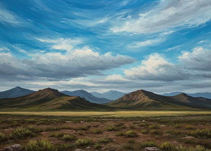 Mountain Landscape Painting with Cloudy Sky