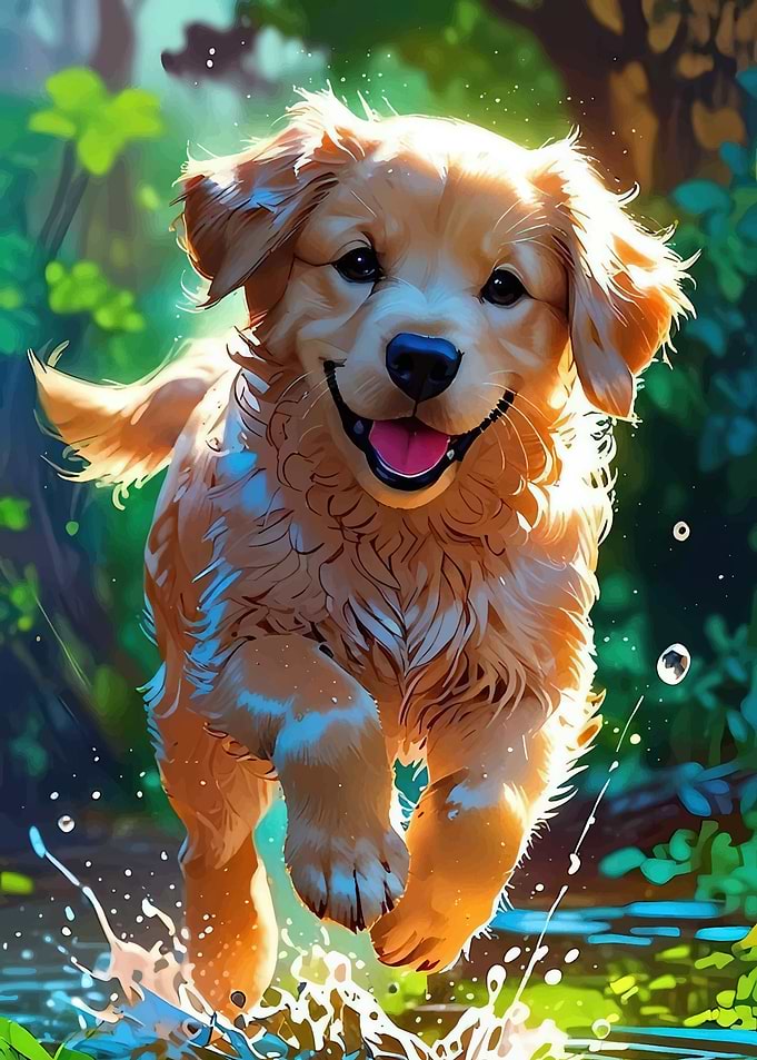 Happy Golden Retriever Running Through Water