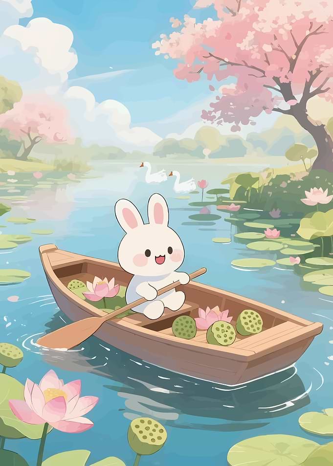 Cute Bunny Boating on a Lily Pond