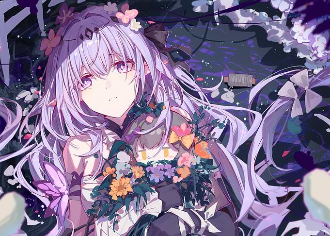 Girl with Flowers and Lilac Hair