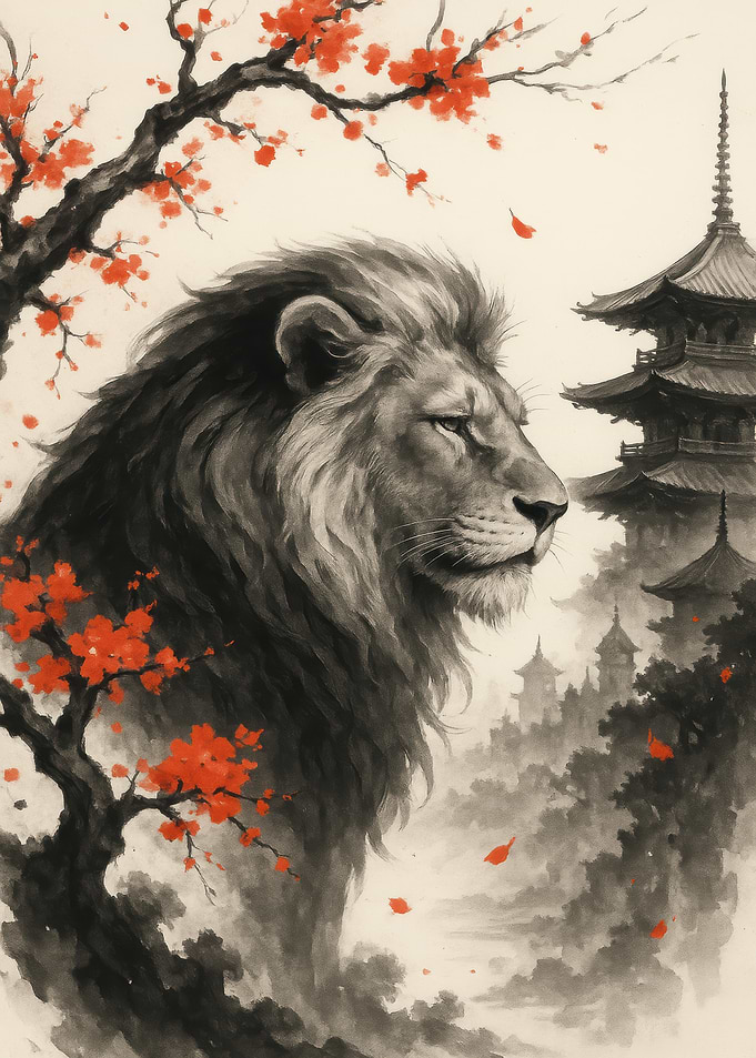 Lion in Japanese Landscape Art