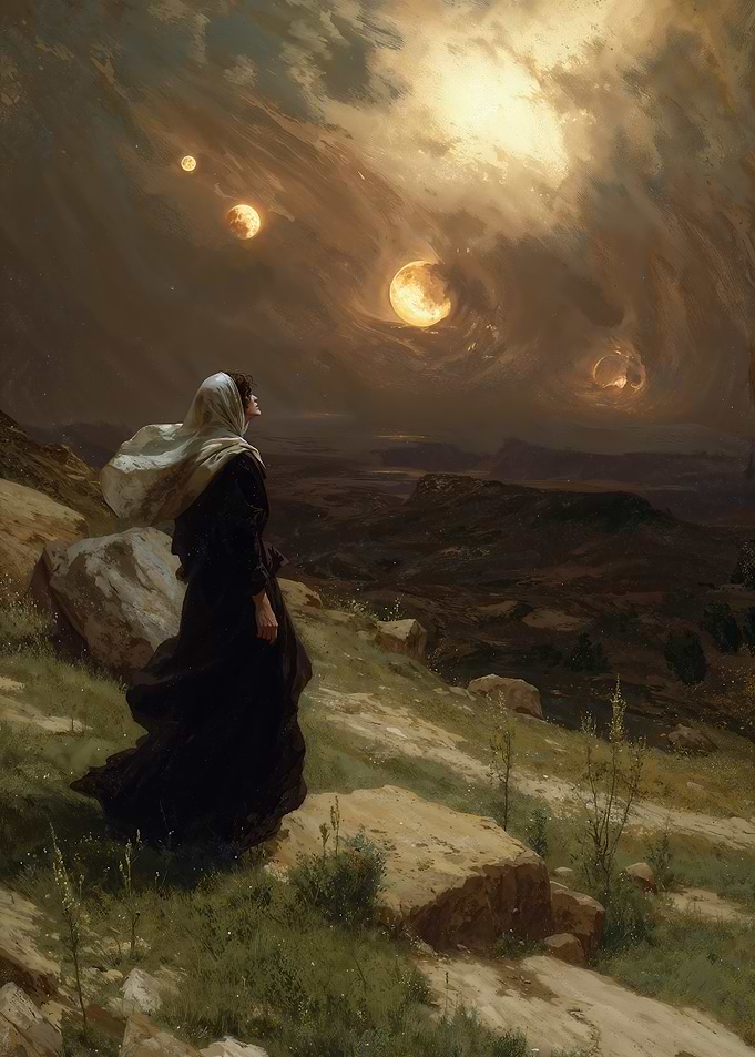 Woman Gazing at Celestial Orbs Painting : Moonfall