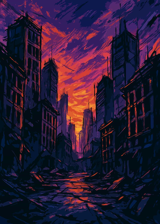Post-Apocalyptic Cityscape at Sunset