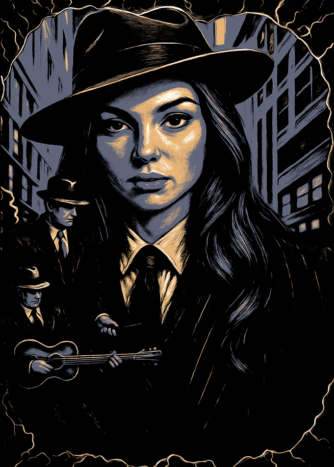 Noir Woman with Guitarists in City