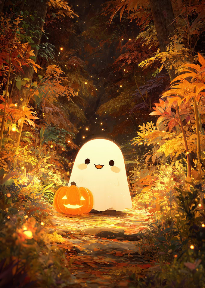 Cute Ghost and Pumpkin in Autumn Forest
