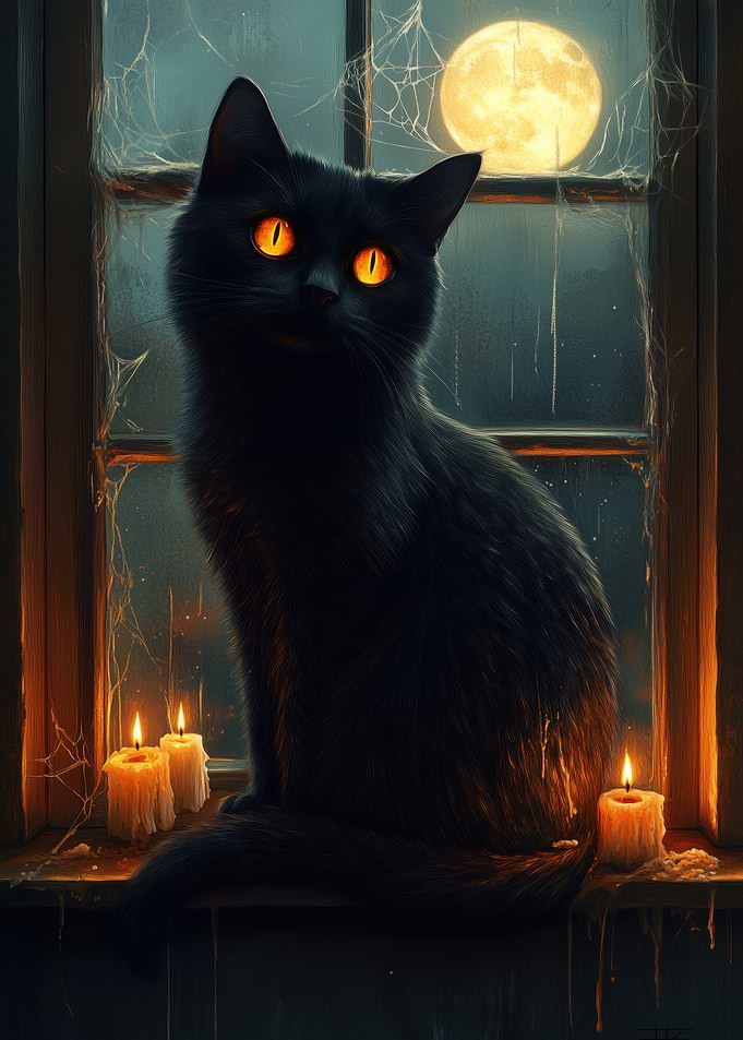 Black Cat in Window with Candles