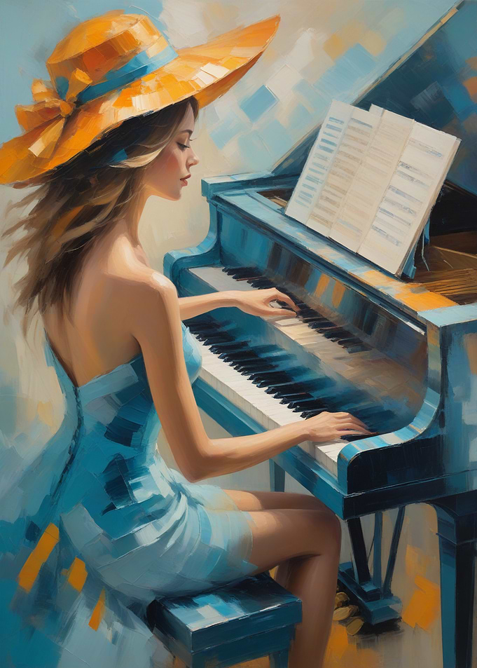 Woman playing piano in blue dress