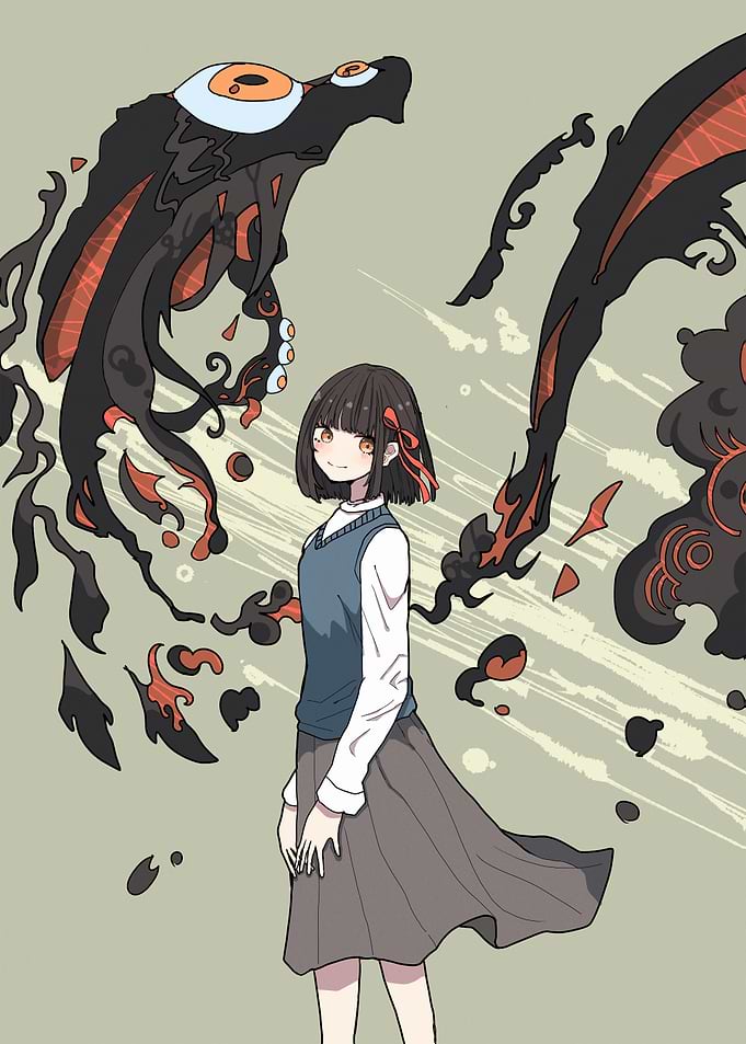 Anime Girl with Abstract Dark Figures