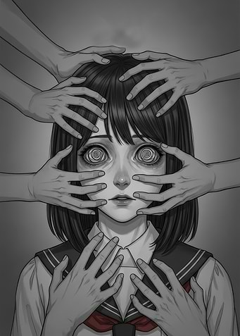 Monochrome Anime Girl Surrounded by Hands