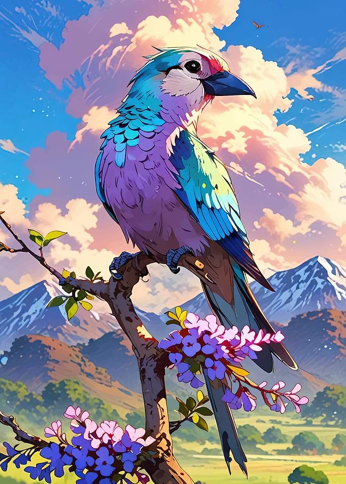 Colorful Bird on Branch with Flowers