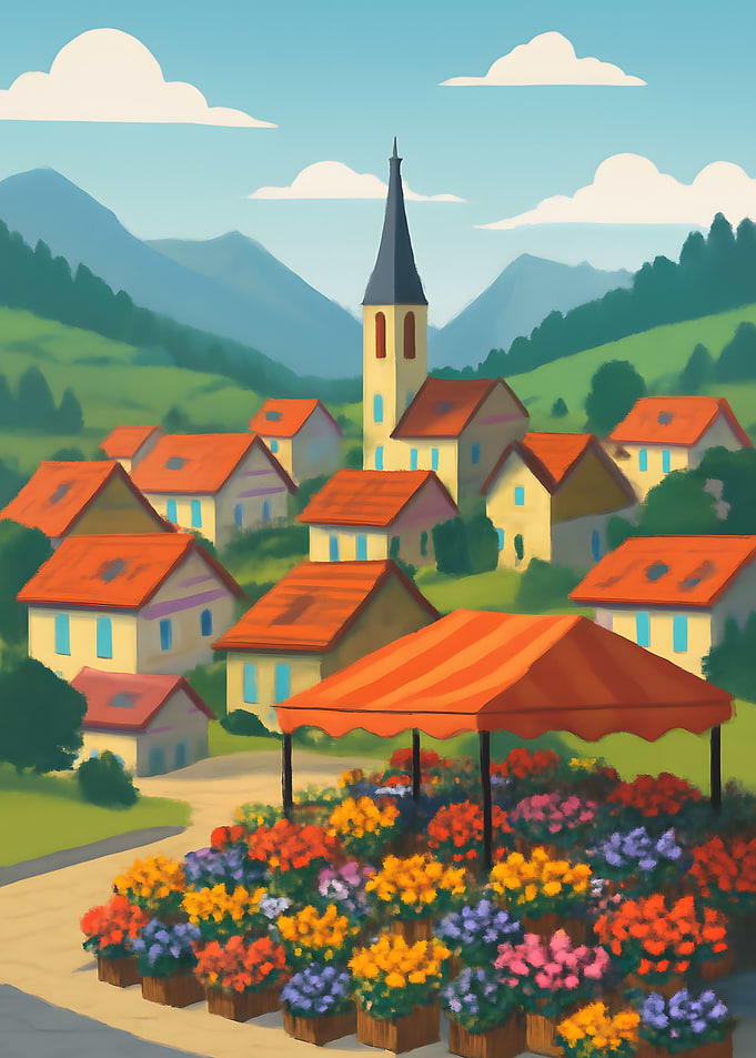 Charming Village Flower Market Illustration