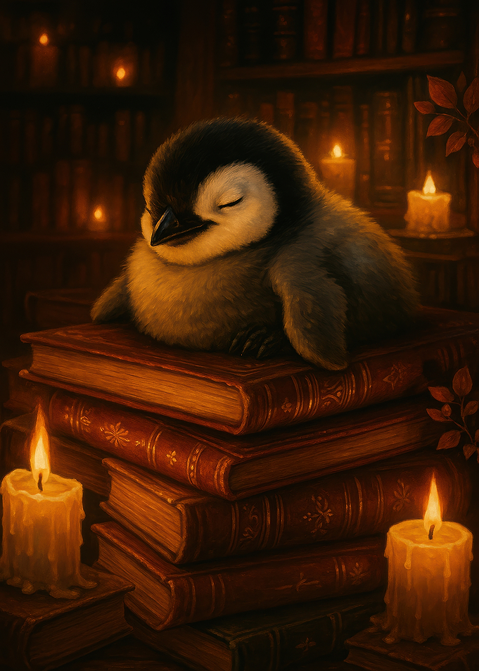 Sleeping Penguin on Books with Candles
