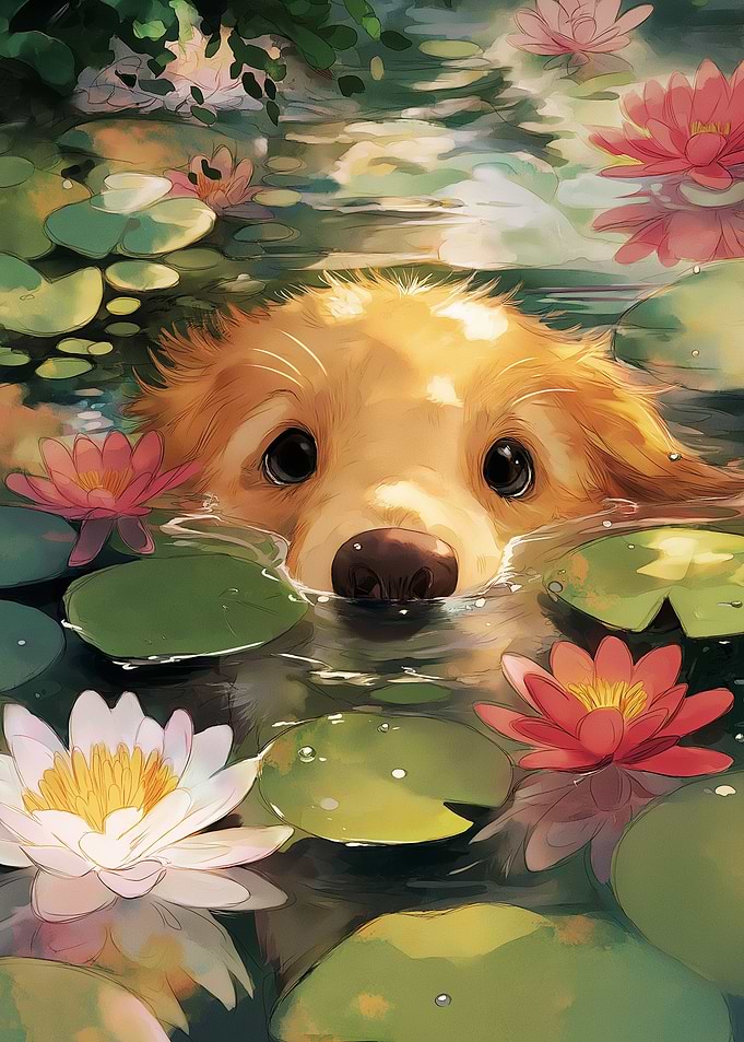 Dog in Water Lilies Pond