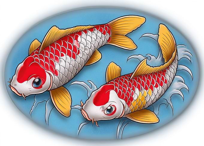 Two Koi Fish in Blue Water