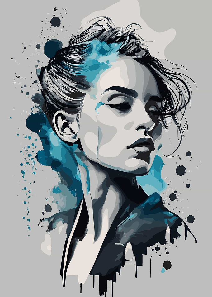 Woman Portrait with Blue Watercolor Accents