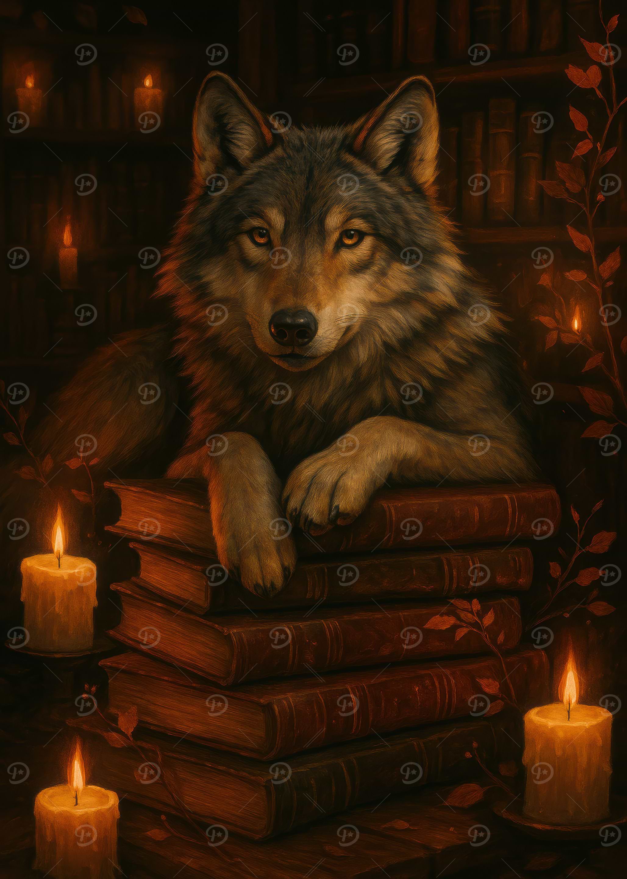 Wolf Resting on Books with Candles