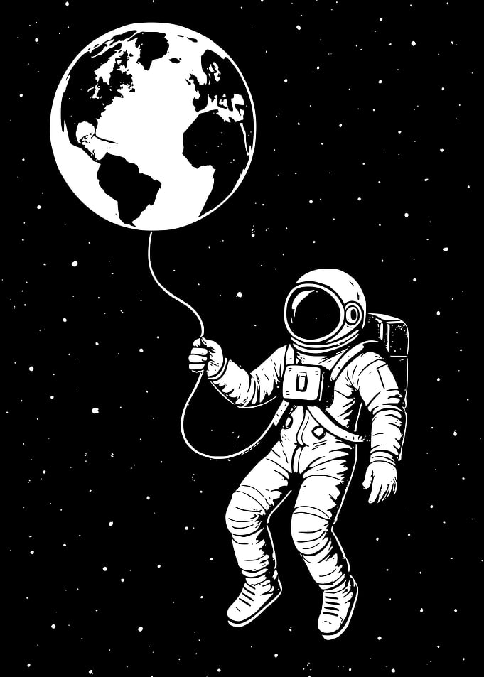 Astronaut Holding Earth Balloon in Space