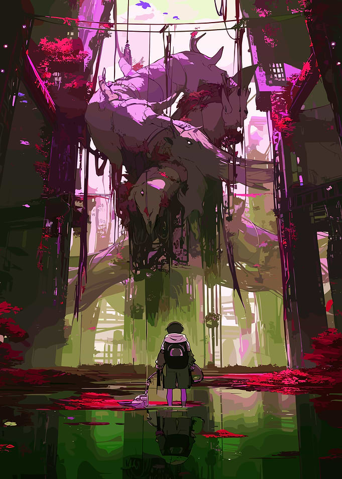 Overgrown Ruins and Lone Figure