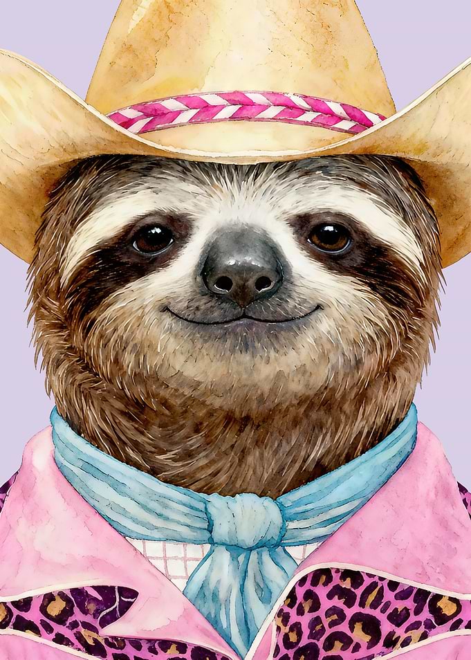 Sloth Cowboy Watercolor Portrait