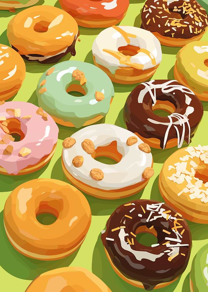 Colorful Donuts on Green Background