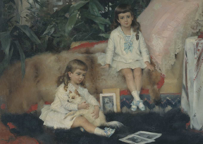 Two Girls with Dog, Painting