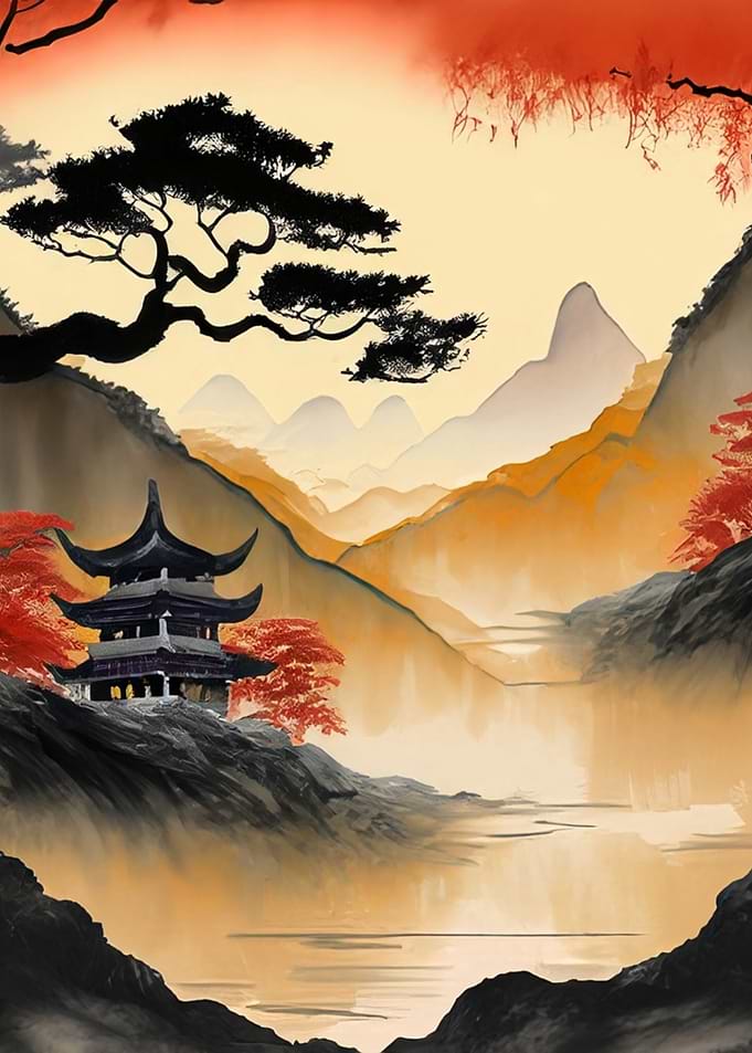 Japanese Temple in Mountain Landscape