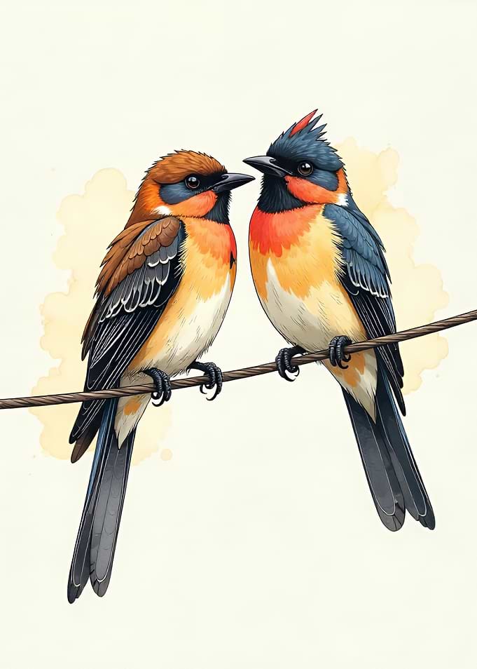 Two Birds on a Wire Illustration