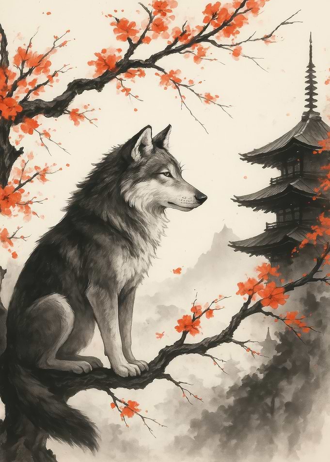 Wolf in Japanese Landscape with Pagoda