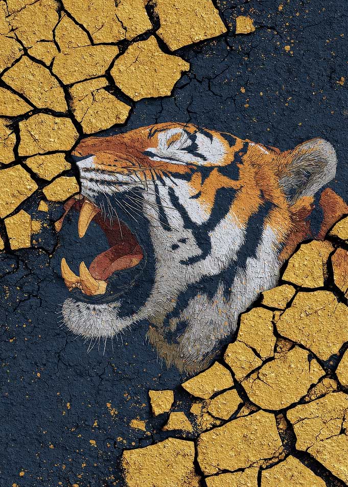 Roaring Tiger Emerging from Cracked Surface