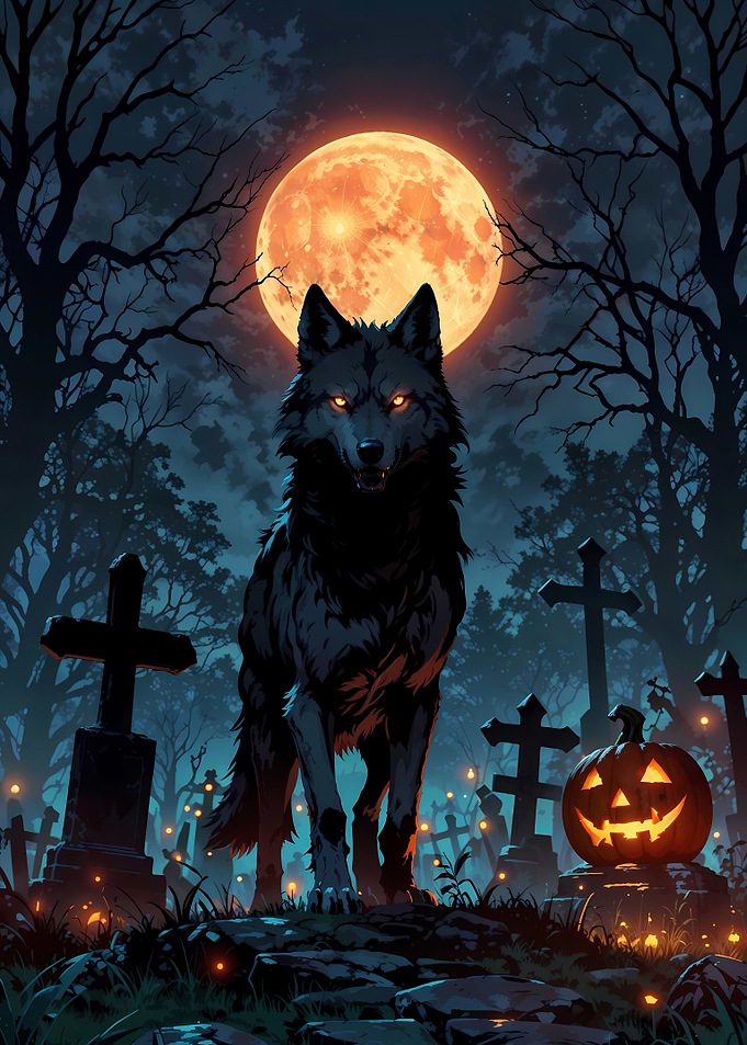 Halloween Wolf in Cemetery