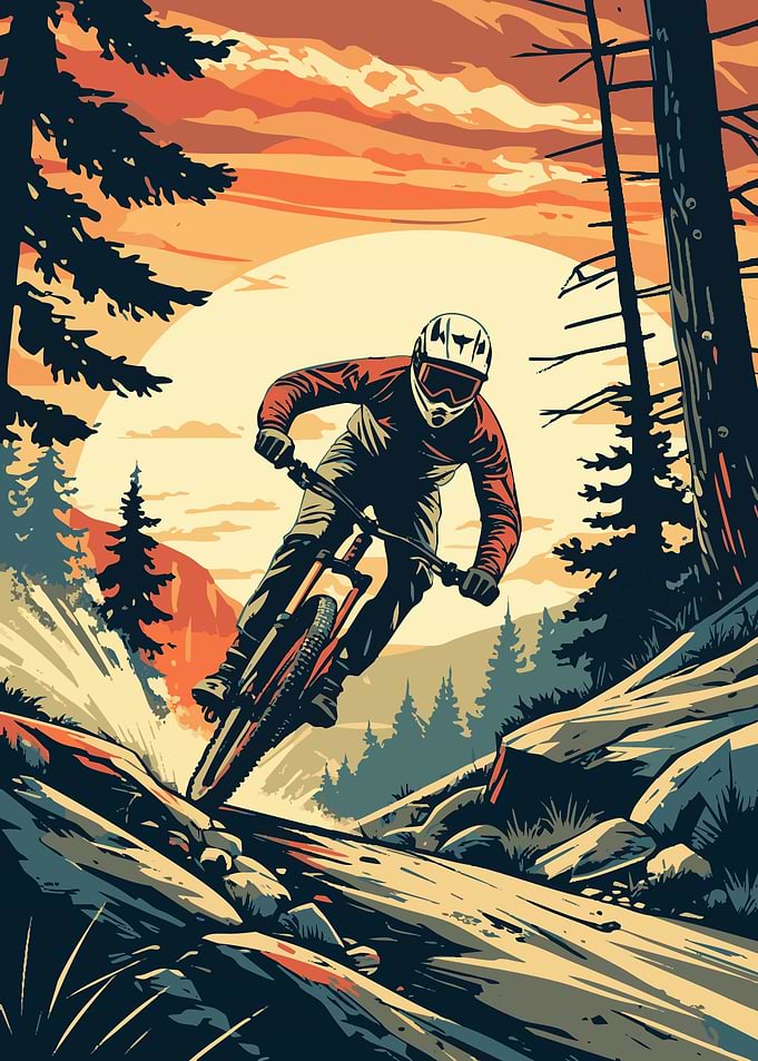 Mountain biker downhill at sunset