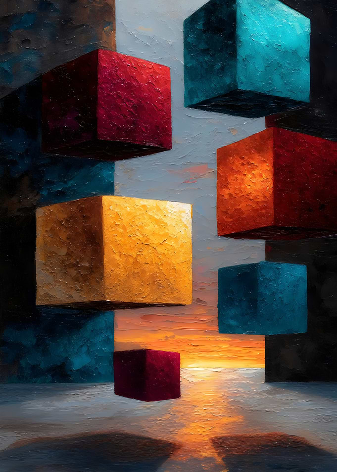 Floating Cubes – Abstract Geometric Oil Painting with Sunset Light