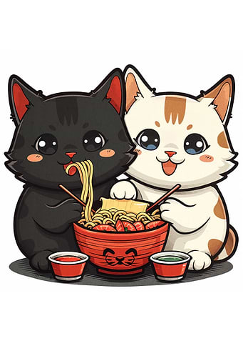 Two Cute Cats Eating Ramen