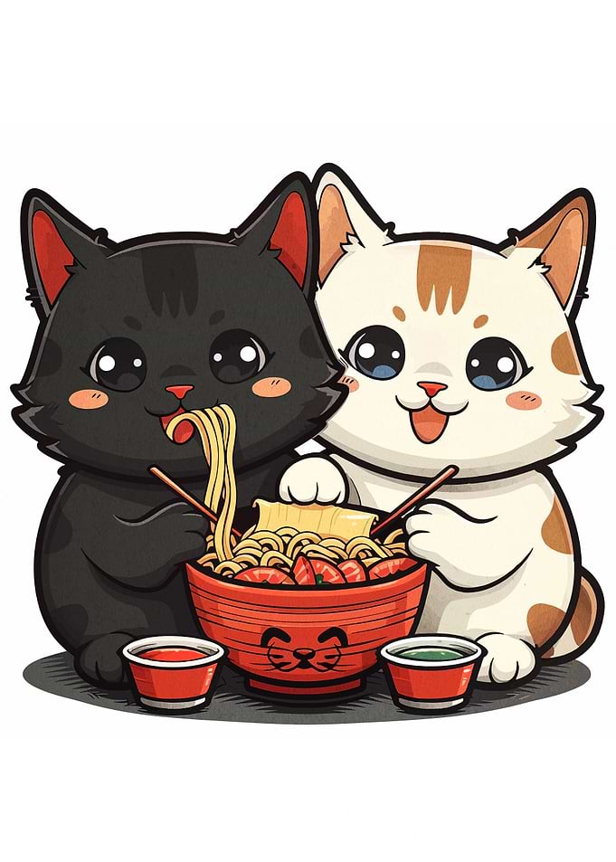 Two Cute Cats Eating Ramen
