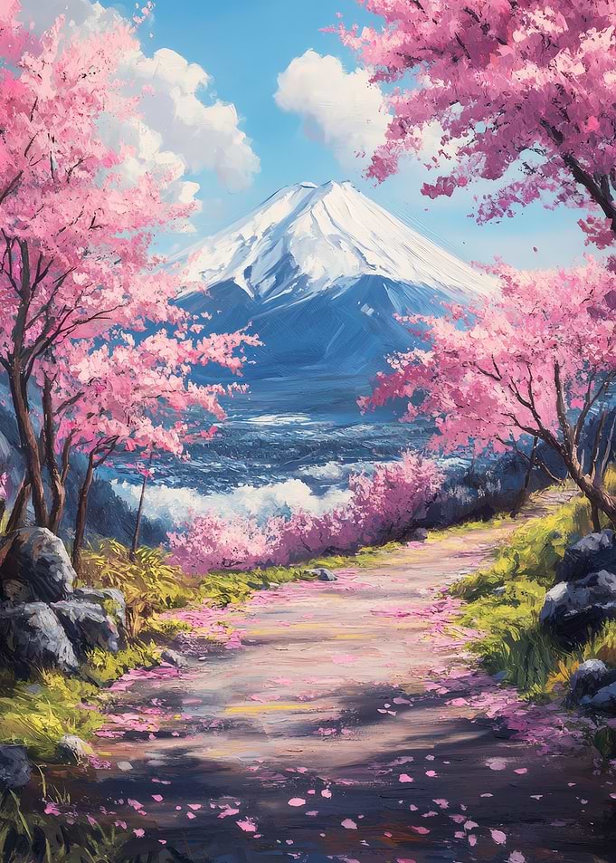 Cherry Blossoms and Mountain Landscape