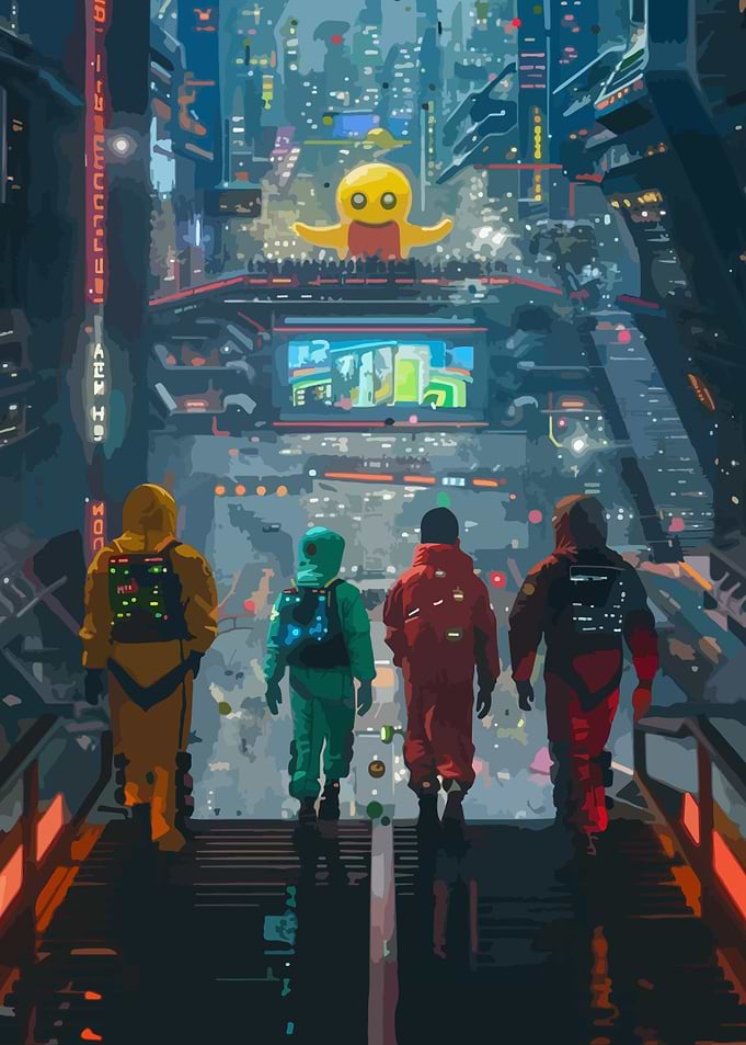 Cyberpunk Cityscape with Figures in Suits