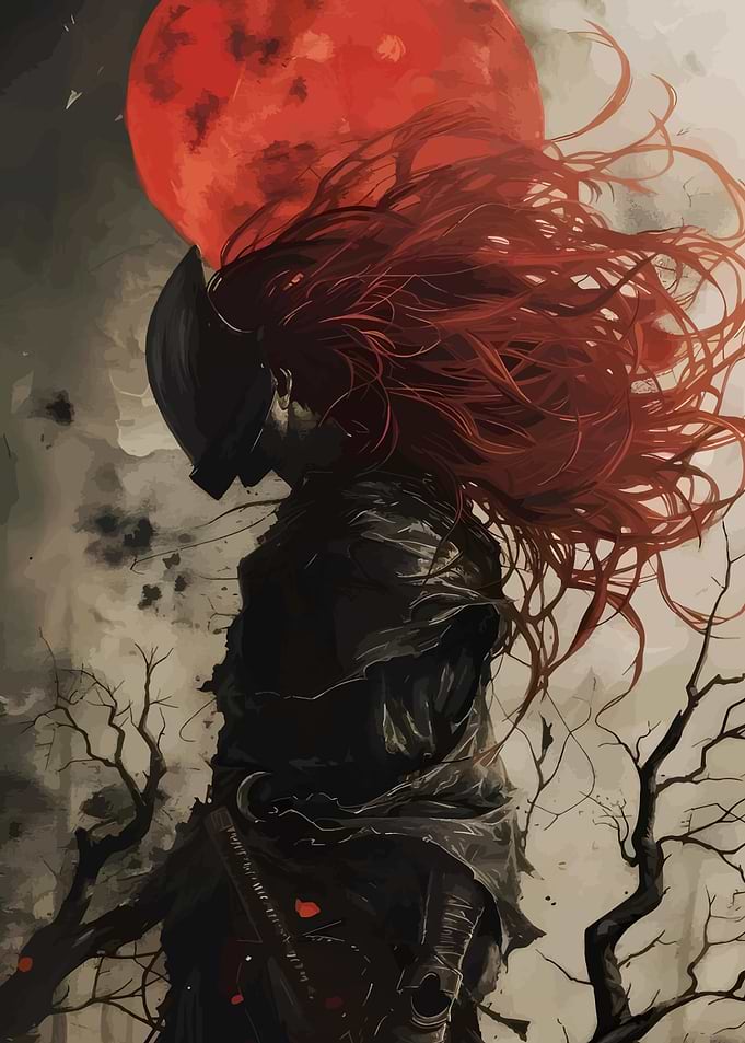 Dark Warrior Under Red Moon