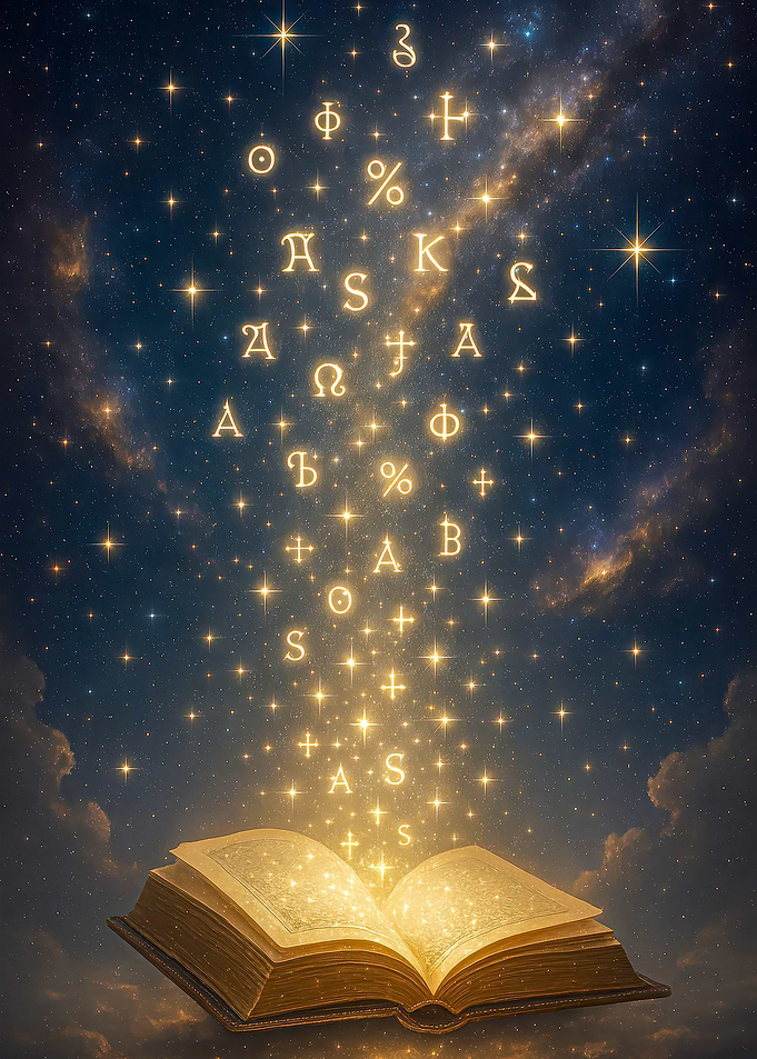 Fantasy Open Book with Floating Symbols