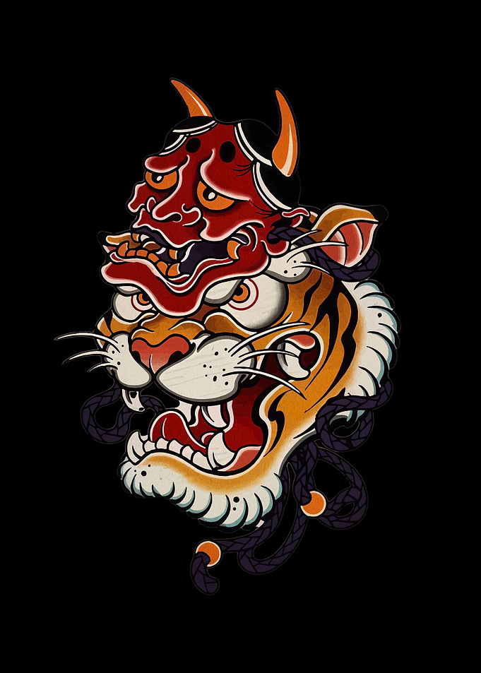 Tiger and Oni Mask Tattoo Design
