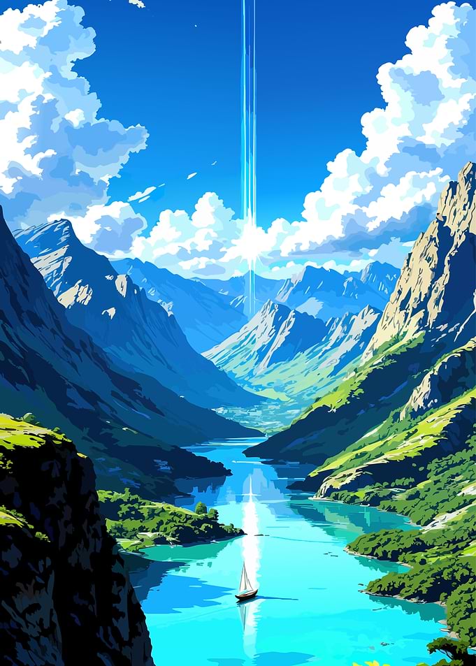 Mountain Lake with Sailboat and Light Beam