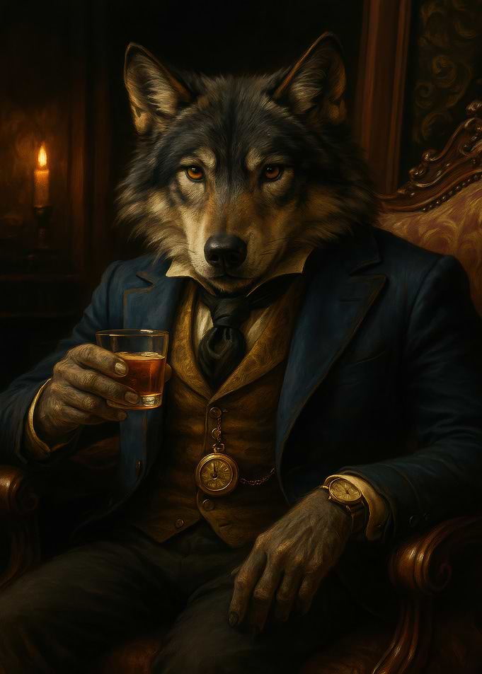 Anthropomorphic Wolf Gentleman with Whiskey